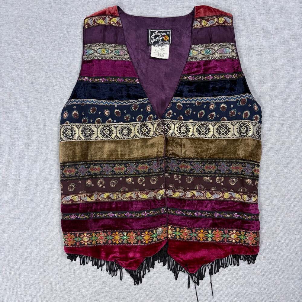 Vintage 90s Jou Jou America's Favorite Patchwork Velvet Vest Tapestry Waistcoat